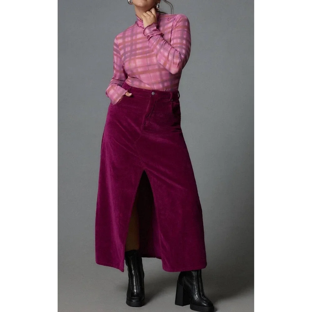 Anthropologie Pilcro Madi FrontSlit Corduroy Maxi Skirt Magenta Sz 2 Boho A-Line